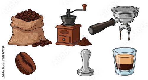 The traditional journey of coffee from bean to cup illustrated with key tools