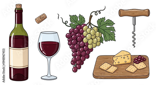 A delightful assortment of wine, grapes, cheese, and a glass for a perfect pairing experience