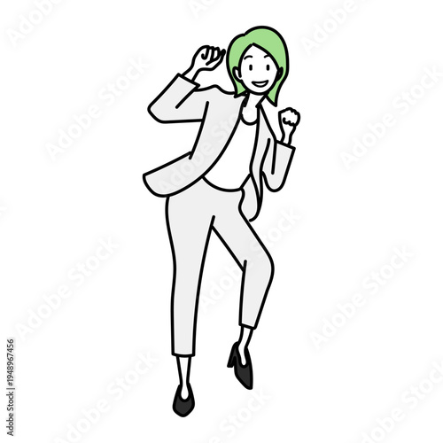 スーツを着た女性が拳を突き出し喜びを爆発させる姿｜目標達成や成功を祝うポジティブなビジネスウーマンのイラスト