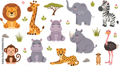 African Safari Animals Vector Illustration Set Featuring Lion, Giraffe, Elephant, Zebra, Hippo, Rhino, Cheetah, Monkey, Ostrich, and Meerkat for Wildlife Graphics.