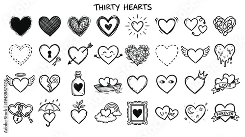 Thirty unique heart shapes displayed in a collection set, featuring various romantic symbols and decorative elements on a plain white background surface