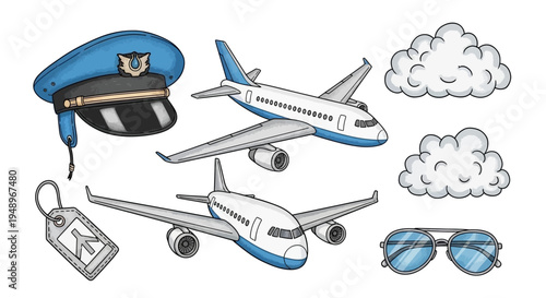 Travel essentials and airport staff symbolized with a pilot cap, airplane, and accessories