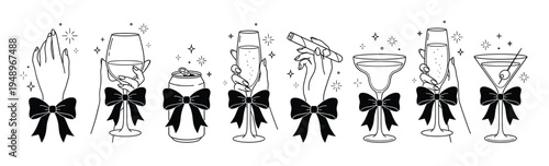 Hands holding wine glasses, champagne flutes, a beverage can, and a cigar with black bows, celebration elements on a plain white background
