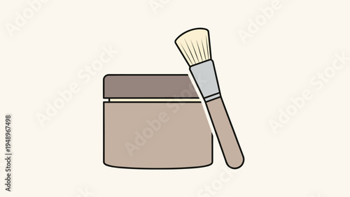 Simple illustration of a tan cosmetic jar and a large makeup brush for applying face powder or cream products.