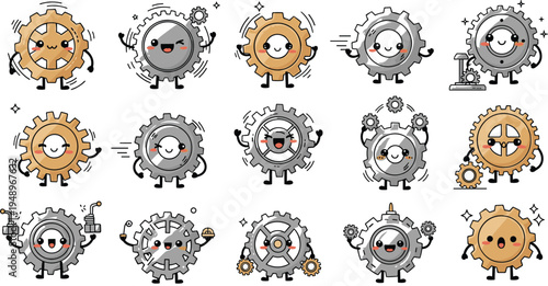 Cute cartoon gear characters vector set mechanical cog mascots engineering technology industry kawaii machine illustration collection isolated background