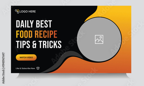 Trendy food recipe daily tips and tricks video cover banner design, delicious food recipe tips and tricks video cover banner design, editable vector eps 10 file format