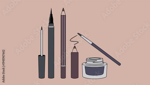 Collection of eye makeup products including liquid liner, pencils, gel pot, and brush for creating various cosmetic looks.