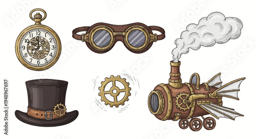 Steampunk-inspired vintage accessories and mechanical contraptions collection