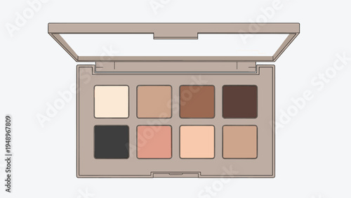 Open cosmetic palette containing eight different shades of pressed eyeshadow powder in various nude and dark tones with a clear lid.