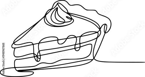 Minimalist black line slice of pie with whipped cream white background dessert food