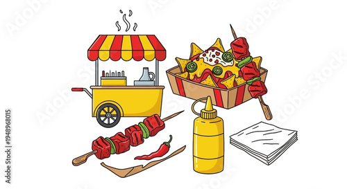Colorful street food cart with hot dogs and drinks in a vibrant setting