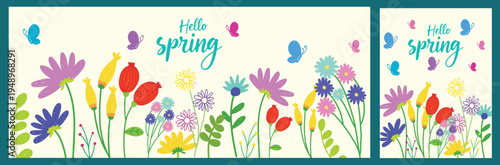 Hello Spring banner and poster vector set with colorful flowers, butterflies and fresh botanical element. Bright floral seasonal design with modern typography perfect for greeting cards, social media.