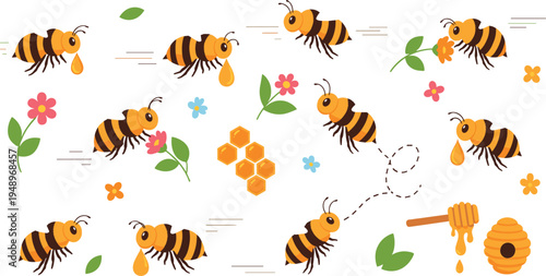 Flat Vector Illustration Set of Cute Honey Bees Flying with Flowers Honeycombs Hive and Dipper for Nature Educational Design and Spring Projects
