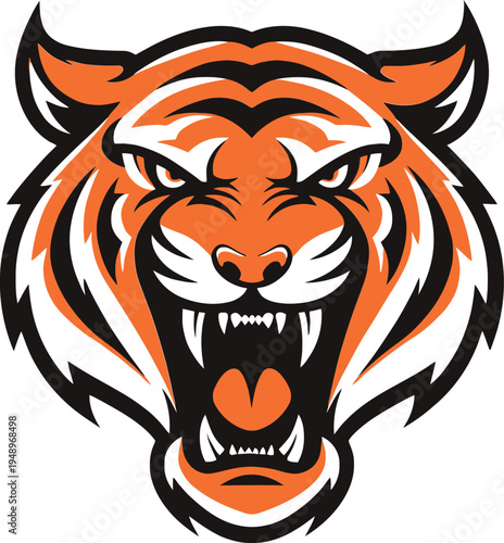 Roaring tiger mascot head with bold black outline, vector illustration