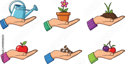 Vector illustration set showing human hands holding gardening elements like a watering can, potted flower, plant seedling, red apple, seeds, and fresh berries