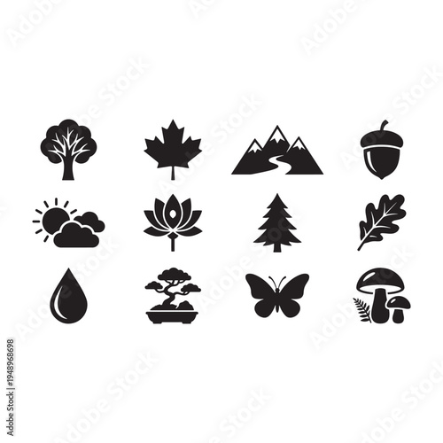 Nature and environment solid icon set. Silhouette of trees, leaves, mountains, and weather elements