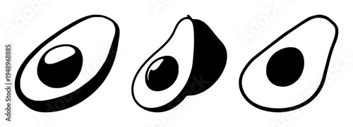 Avocado set with graphic vector of sliced avocado displaying pit shaped like heart featuring healthy lifestyle icon, solid black lines, white background with minimalism and nutrition