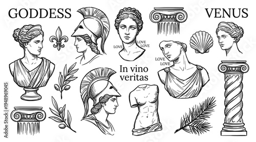 Ancient Greek marble statues representing Venus and goddesses with classical columns and laurel branches arranged on a plain white background surface