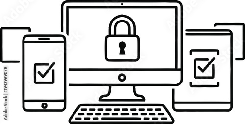 Modern cybersecurity illustration featuring desktop monitor with padlock icon and synchronized mobile smart devices