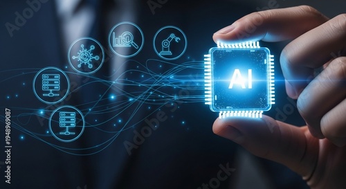 Artificial intelligence AI assistant concept featuring agentic AI understands voice, analyzes images,human hand holding a glowing digital microprocessor with the letters AI, connected to various techn