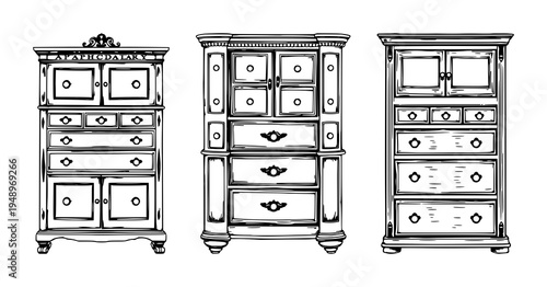 Apothecary cabinet set with detailed woodcut style illustration of a Victorian cabinet with multiple drawers featuring medicinal, glass, leather with white background and icon