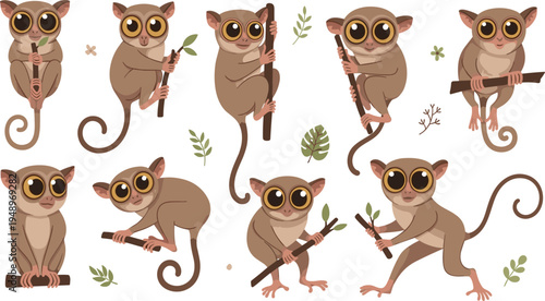 Tarsier Vector Illustration Set Featuring Cute Big Eyed Nocturnal Primates in Climbing, Sitting, and Holding Branch Poses for Tropical Wildlife Designs.