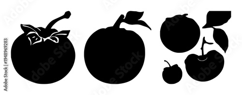 Persimmon set with solid black silhouette of a whole persimmon fruit with a small stem featuring botanical, seasonal, solid fill with white background and vector