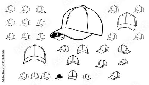 Baseball hat set with sleek black logo icon design featuring baseball, hat, logo elements with vector illustration and graphic design