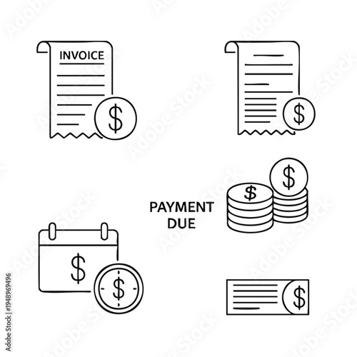 Outline financial icons representing essential payment processes, including invoice, bill, due date calendar, and stacked Dollar coins for seamless financial management and tracking
