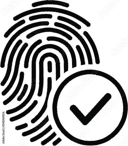 Biometric fingerprint scanner icon with checkmark symbol representing verified identity and secure authentication art