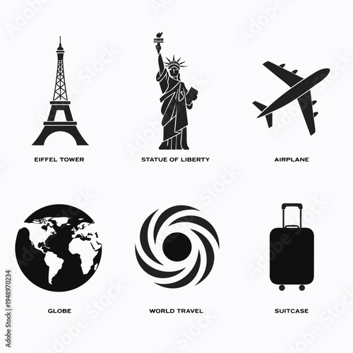 Travel Icons Set — Eiffel Tower, Statue of Liberty, Airplane, Globe, World Travel & Suitcase
