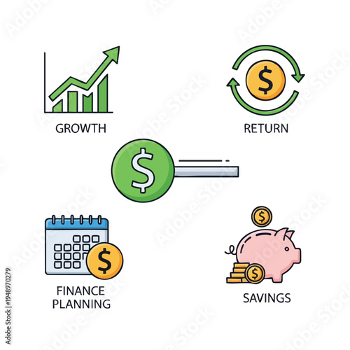 Financial Growth and Savings Icons Featuring Dollar Symbol for Investment Planning and Returns