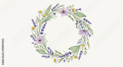Elegant Watercolor Wreath with Lavender and Chamomile Flowers, Hand-Painted Design on an Isolated Light Background.