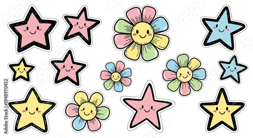 Colorful cartoon stars and smiling flowers.