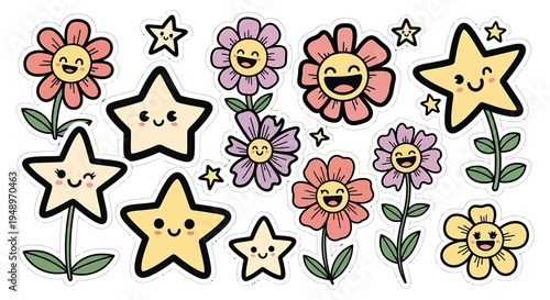Smiling cartoon flowers and stars illustration.