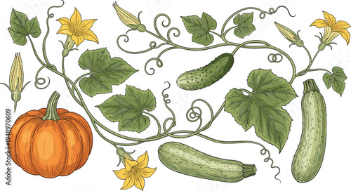 Pumpkin and Cucumber Vector Set Featuring Fresh Vegetables, Flowers, and Vines for Organic Farming, Gardening, and Harvest Illustrations
