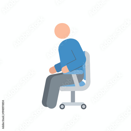 A flat vector illustration shows a simplified person in a blue shirt and grey pants sitting on a grey and blue wheeled office chair.