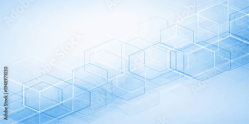 Abstract 3D blue background featuring architectural cubes and professional engineering blueprints for a modern city building project design