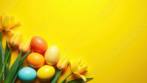 easter banner with colorful eggs yellow tulips and daffodils on yellow background with copy space