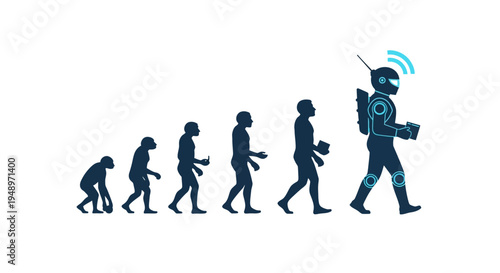 The fascinating evolution of humanity from primitive beings to advanced cybernetic beings showcasing technological progress and the future of existence in a simplified graphic