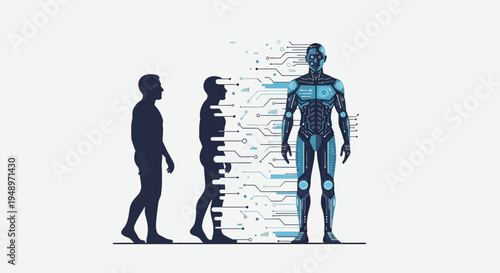 The profound evolution of humanity merging with technology, envisioning future bionic advancements and artificial intelligence integration