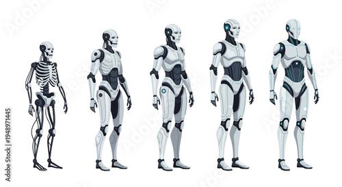 Tracing the intricate evolution of humanoid robotics, illustrating the transformation from fundamental mechanical frameworks to advanced artificial intelligence designs