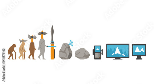 The amazing evolution of technology, from primitive tools and rocks to modern computers, showcasing technological advancement