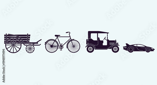 The evolution of transportation from horse-drawn carriages and bicycles to antique cars and modern sports vehicles