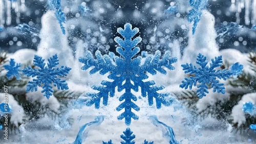 Beautiful Blue Snowflakes and Winter Decorations on Snowy Branches.