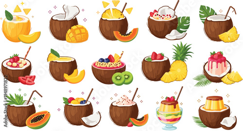 Tropical coconut dessert and drink vector set fresh fruit bowls smoothies puddings exotic summer treats illustration collection isolated background