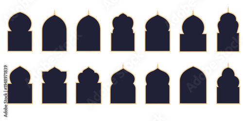 Collection of dark blue silhouette domes with golden finials in two rows