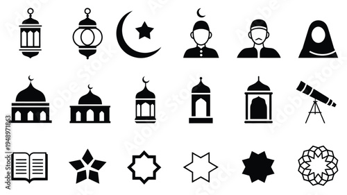 Collection of black and white representing islamic symbols, architecture, and cultural crescent