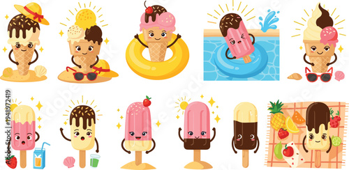 Cute summer ice cream characters vector set popsicle cone dessert mascots beach vacation sweet frozen treat illustration collection isolated background