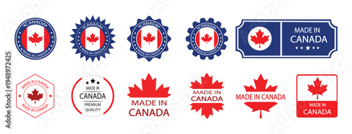 Made in Canada Label Set with Red Maple Leaf Flag – Canadian Product Stamp, Patriotic Retail Sticker, National Industry Badge Vector Collection.